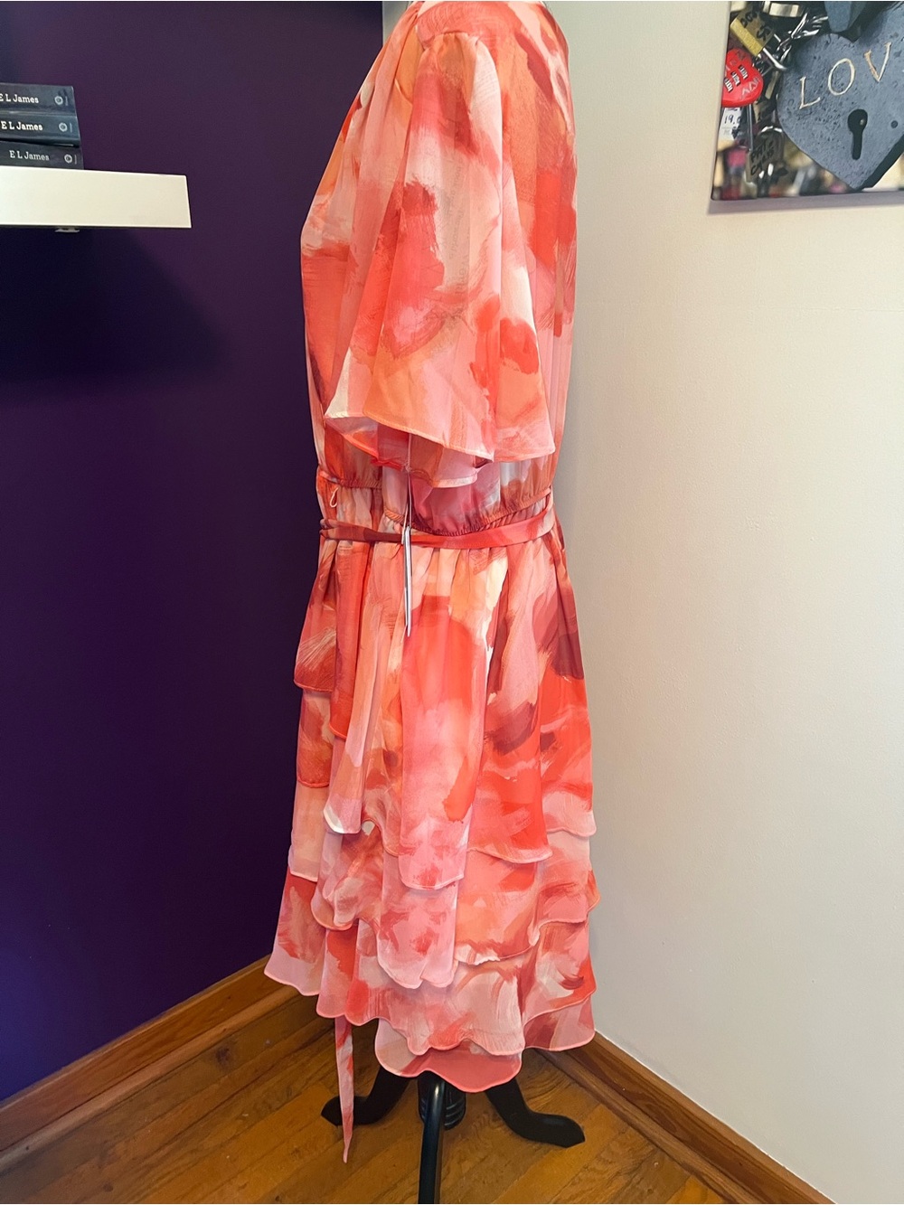 Sandra Darren Plus Size Coral-Pink Tiered Faux Wrap Midi Dress NWT - Picture 7 of 10